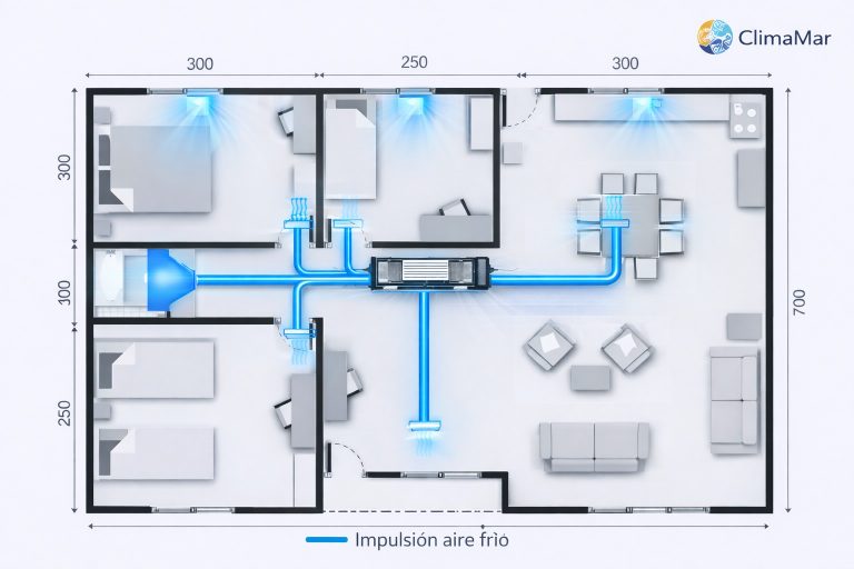 Para una vivienda de 80 m&sup2; se recomienda un aire acondicionado por conductos de entre 5.000 y 6.000 frigor&iacute;as, seg&uacute;n aislamiento, orientaci&oacute;n y zona clim&aacute;tica. Esta potencia garantiza confort uniforme, bajo consumo y m&aacute;xima eficiencia energ&eacute;tica. &iquest;Es recomendable instalar aire acondicionado por conductos en una vivienda de 80 m&sup2;? S&iacute;. El aire acondicionado por conductos [&hellip;]
