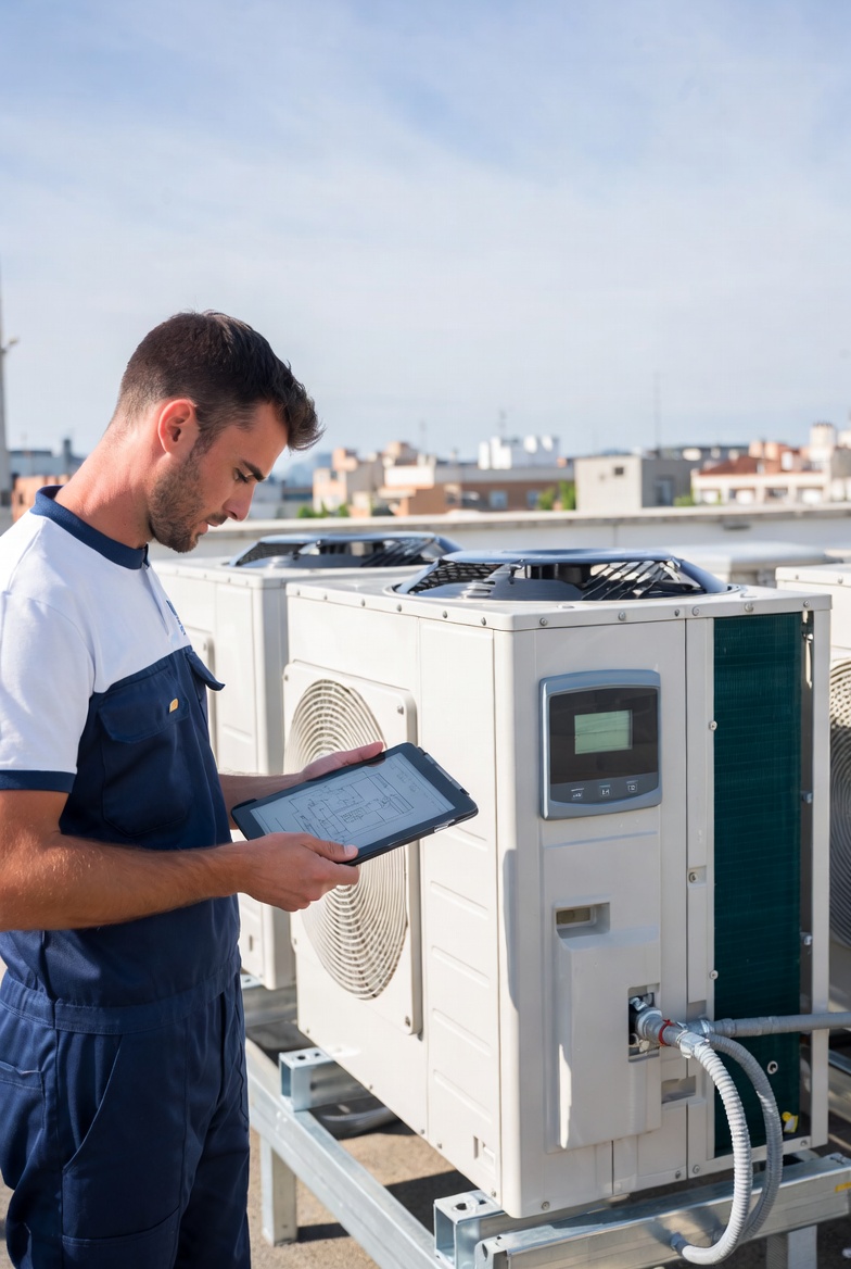 Técnico revisando aire acondicionado en azotea