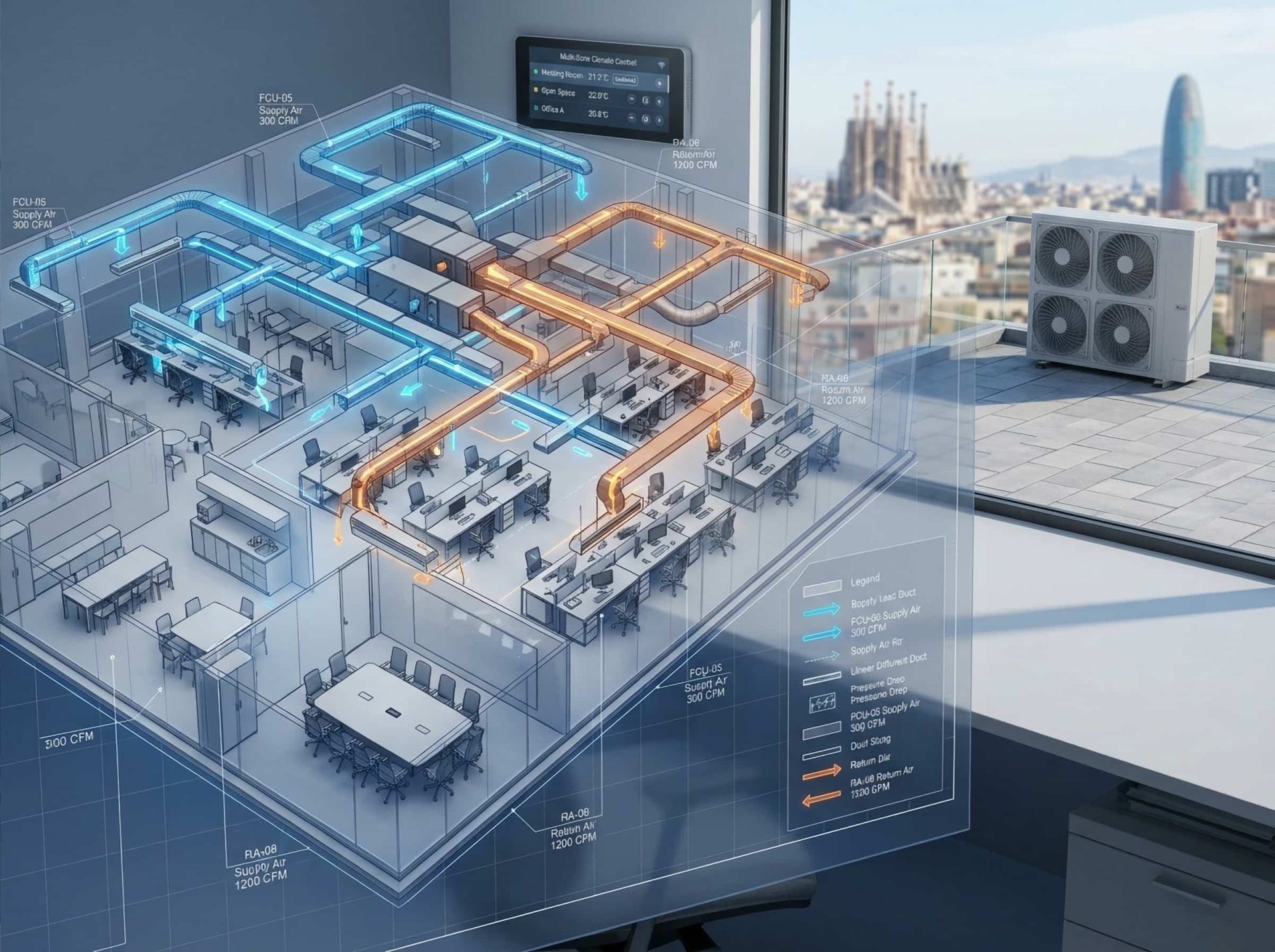 Infografía técnica en 3D de un proyecto de climatización VRF y sistema AirZone para una oficina en Barcelona