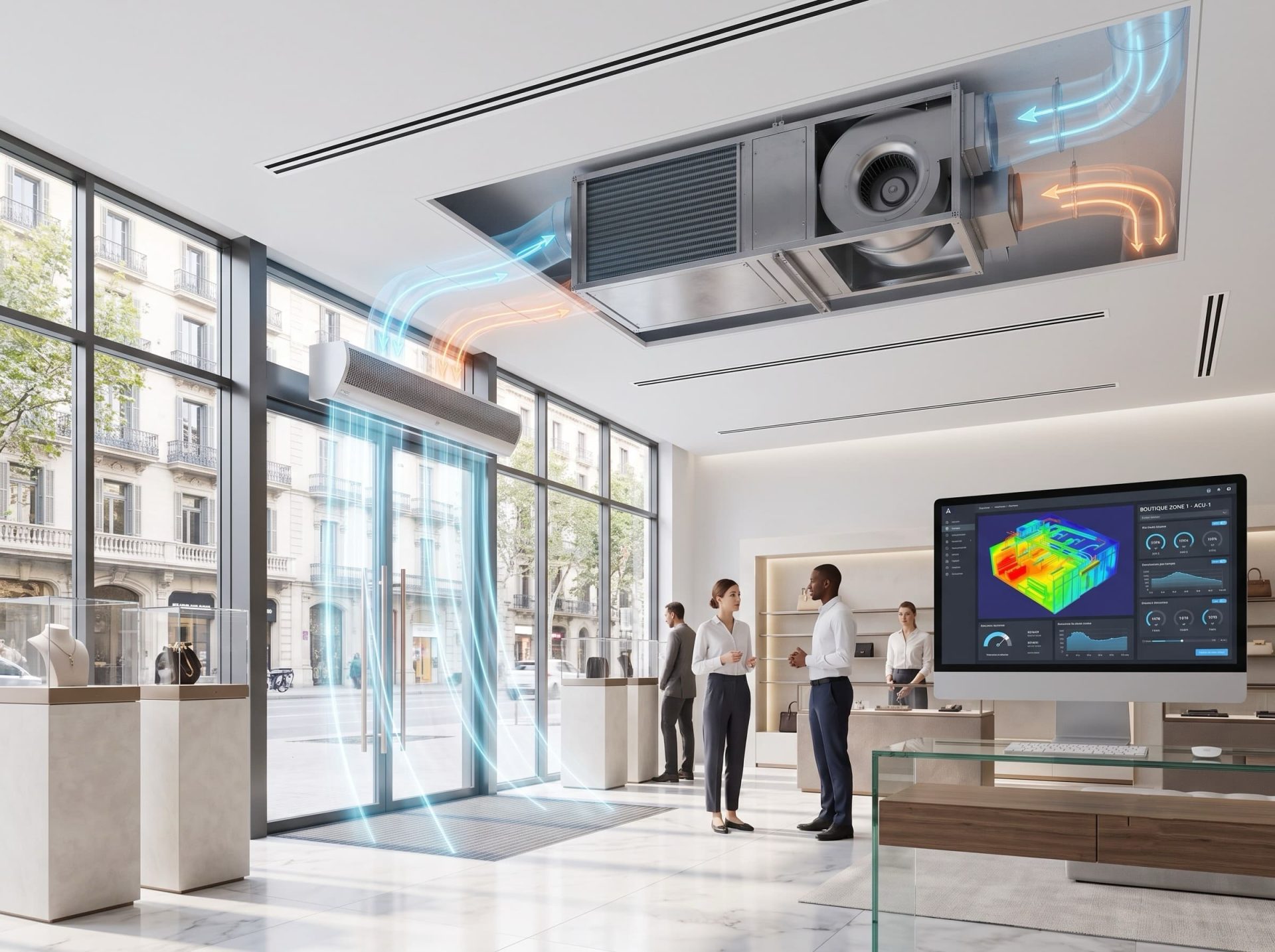Instalación de cortina de aire y sistema HVAC en conductos para tienda de retail
