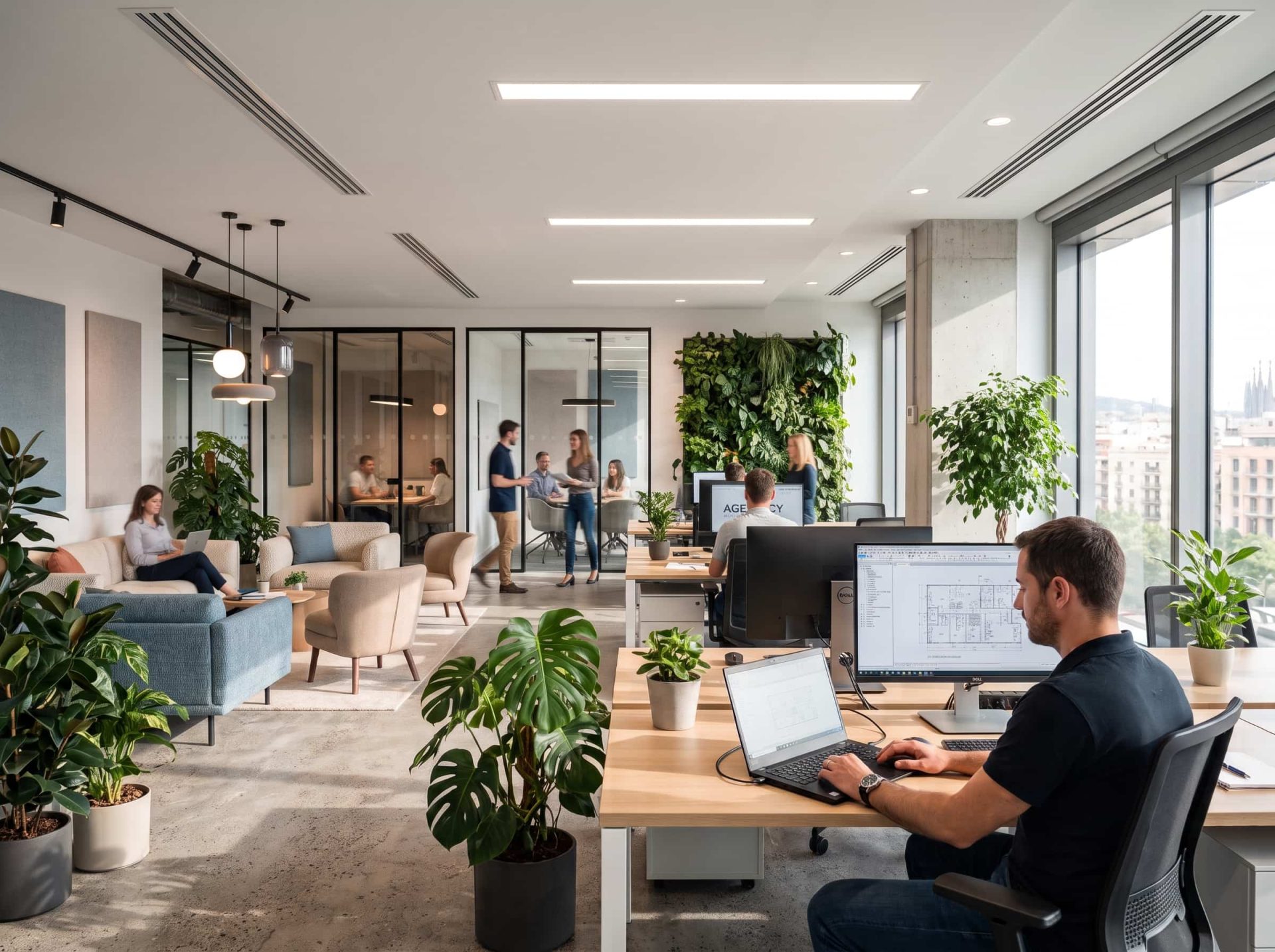Diseño de oficinas modernas en Barcelona con plantas naturales y difusores lineales integrados en el techo continuo
