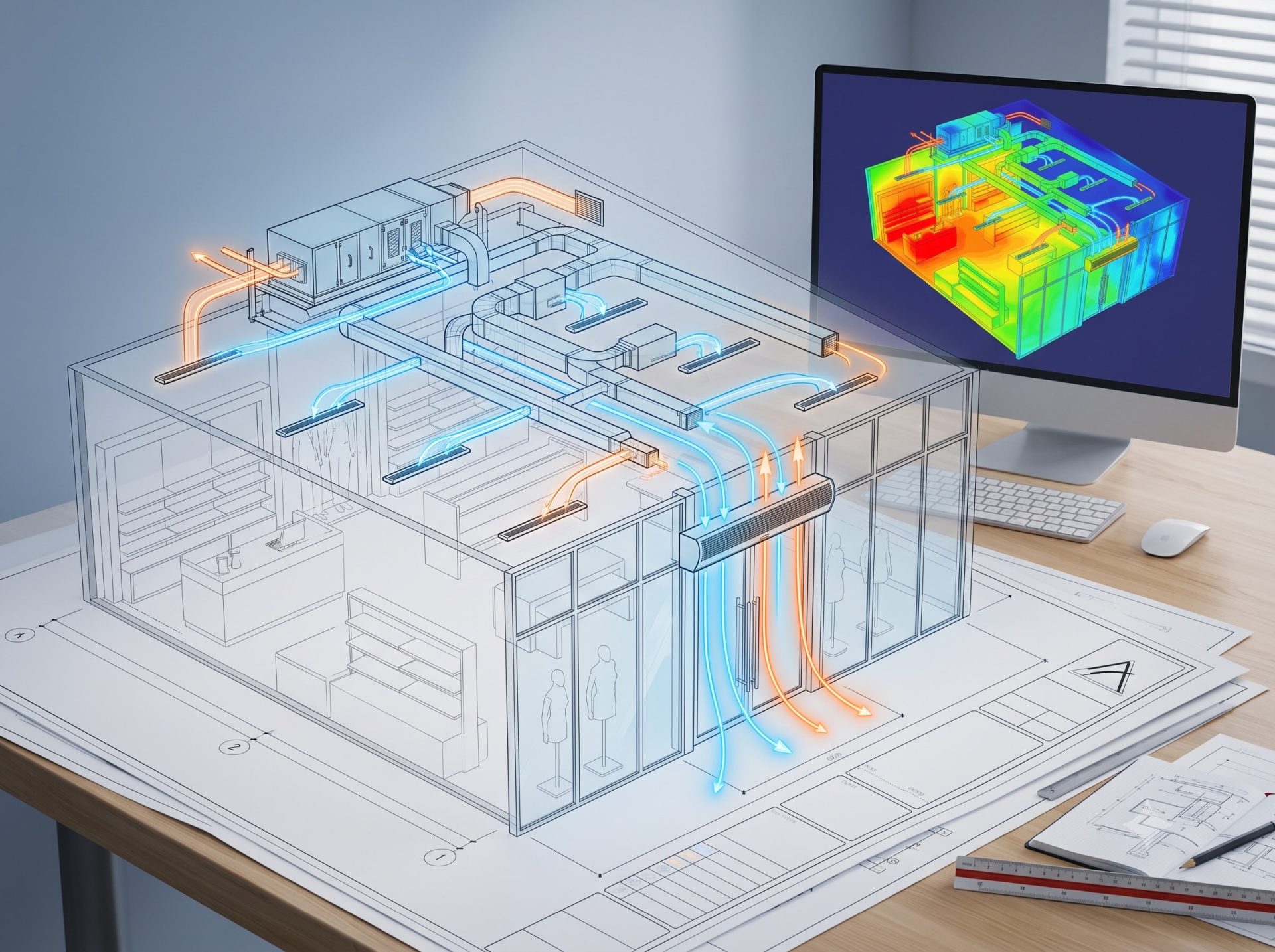 Plano en 3D y simulación térmica de proyecto de climatización para local comercial en Barcelona
