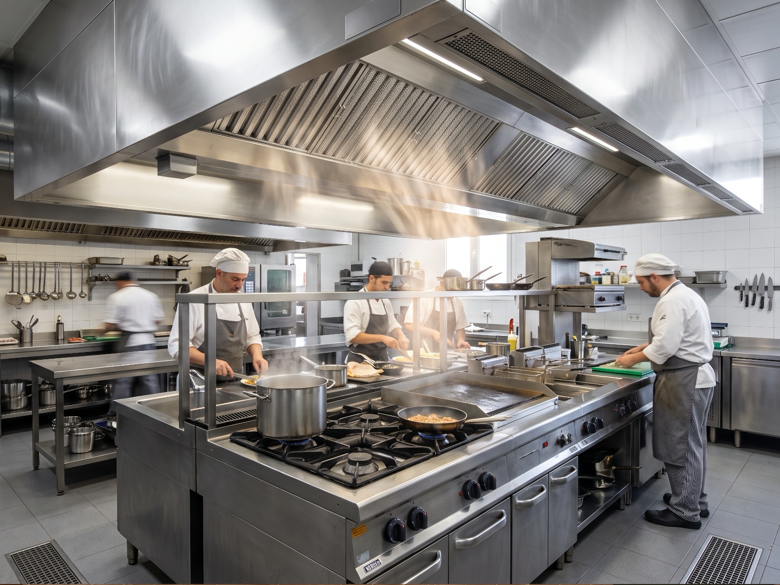 Sistema de ventilación y campana de extracción de humos de acero inoxidable en cocina industrial de restaurante