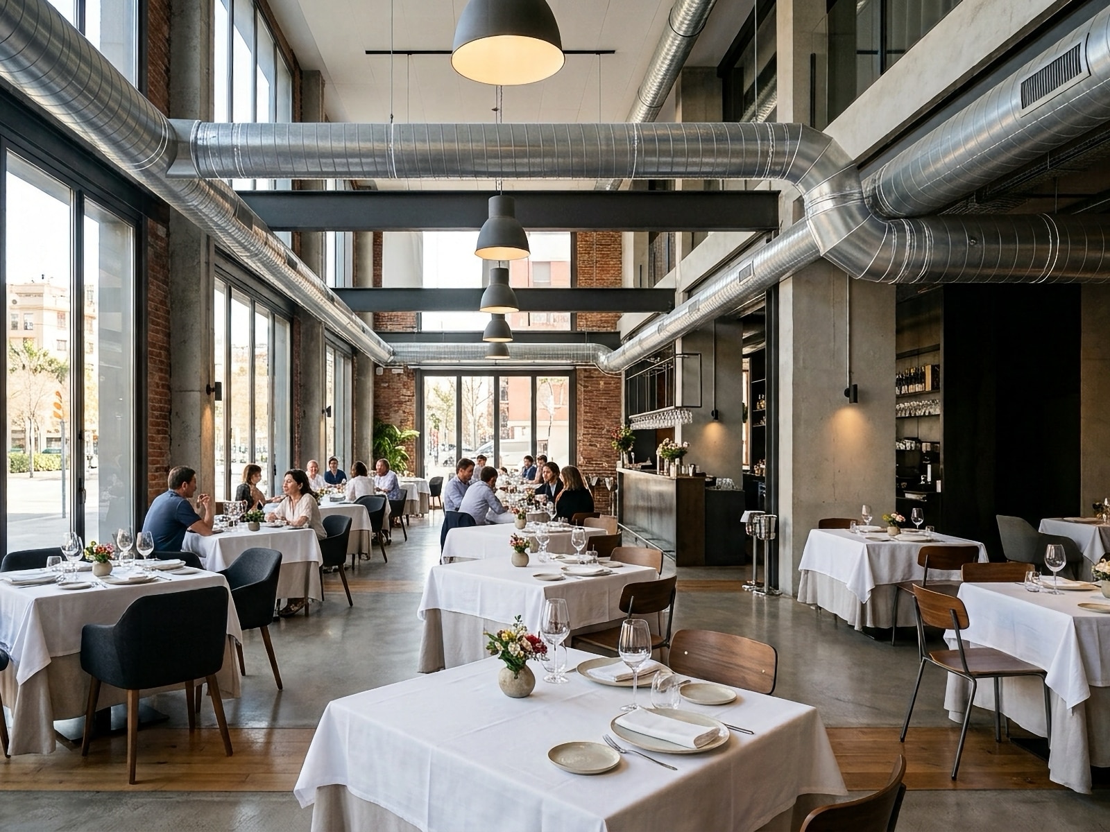 Instalación de climatización por conductos metálicos vistos en comedor de restaurante en Barcelona