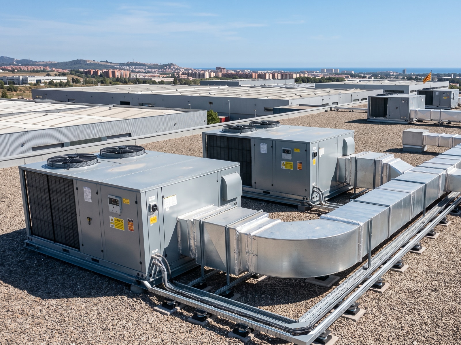 Equipos compactos Roof-Top instalados en la cubierta de una nave logística en el Vallès